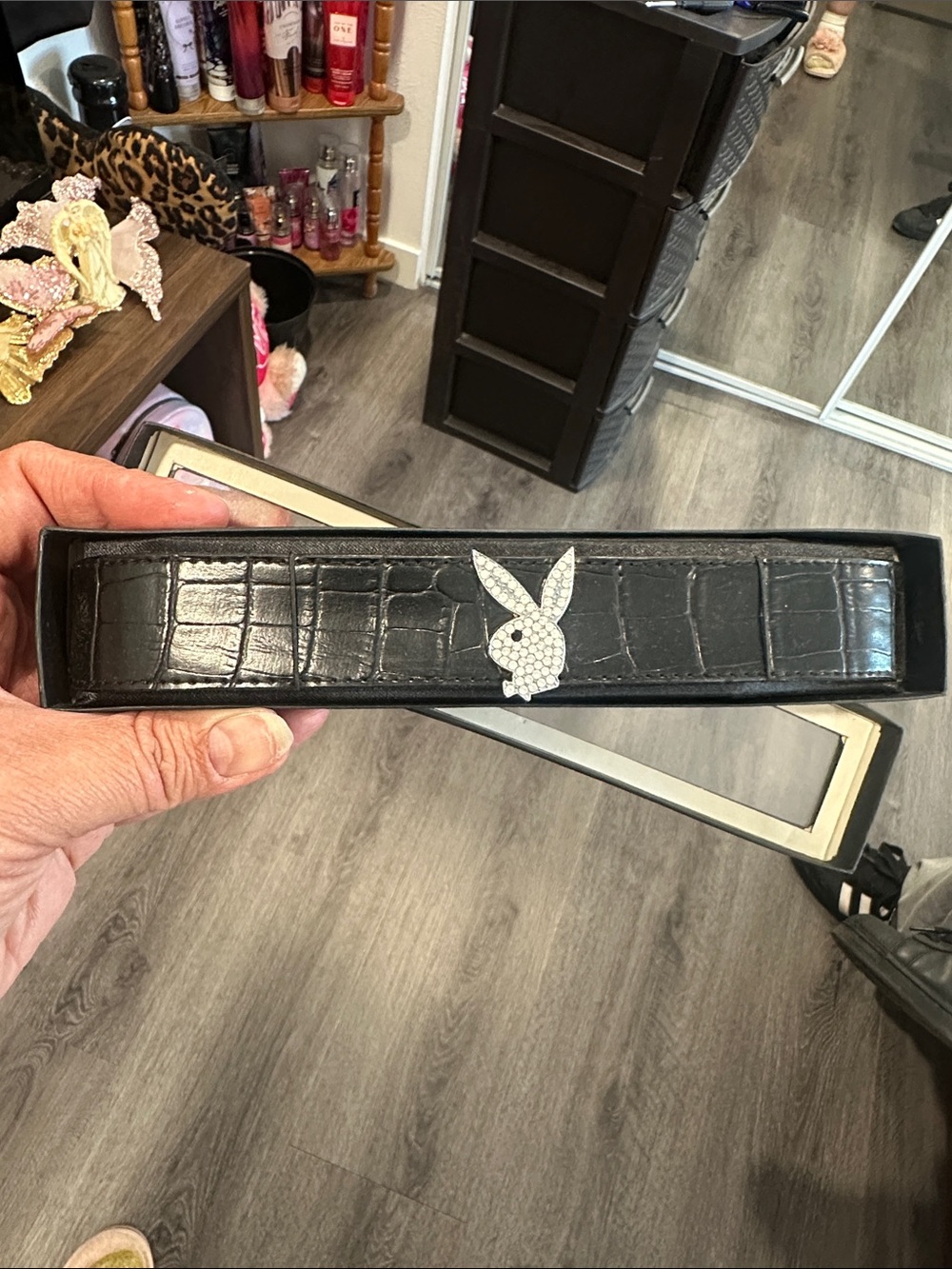 PLAYBOY Black Croc-Embossed Belt with Crystal Bunny